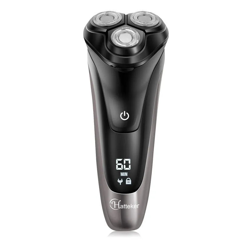Men's electric shaver with three rotating heads and pop-up sideburn trimmer on black background