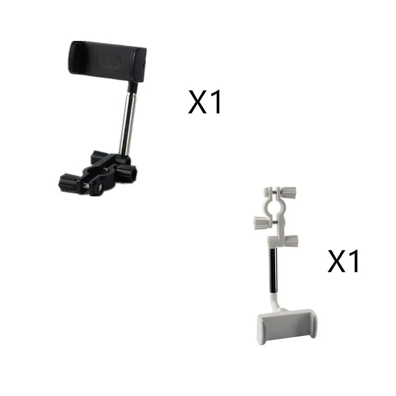 Black mobile phone bracket mounted on car rearview mirror holding smartphone