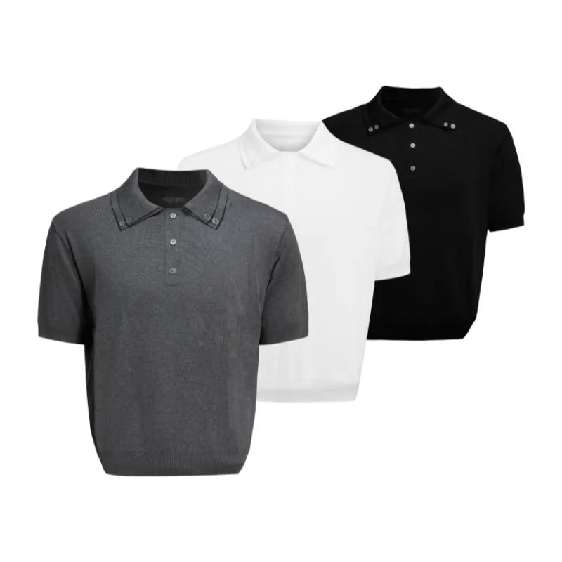 Men's slim knit short sleeve shirt with double collar design in black, white or grey