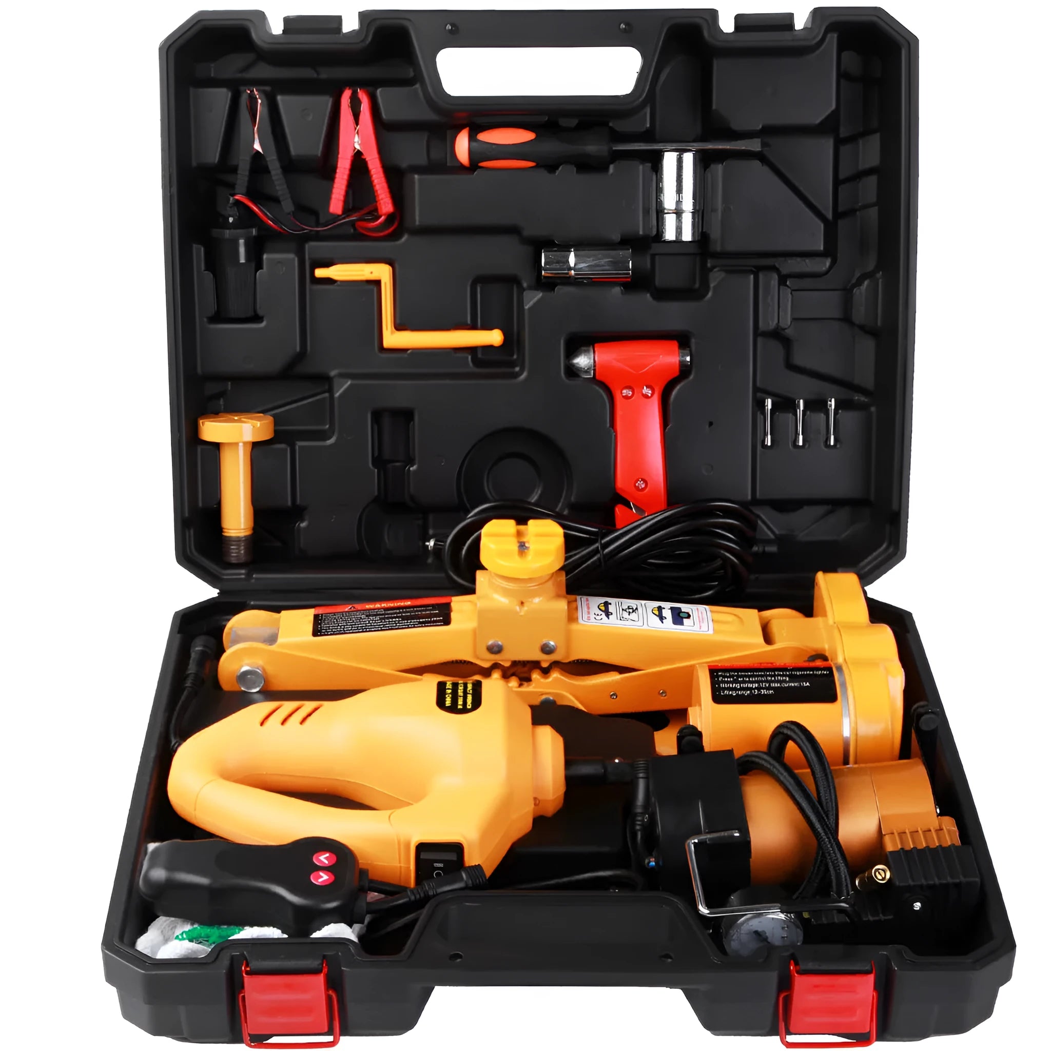 Yellow electric car jack set with electric wrench and socket components
