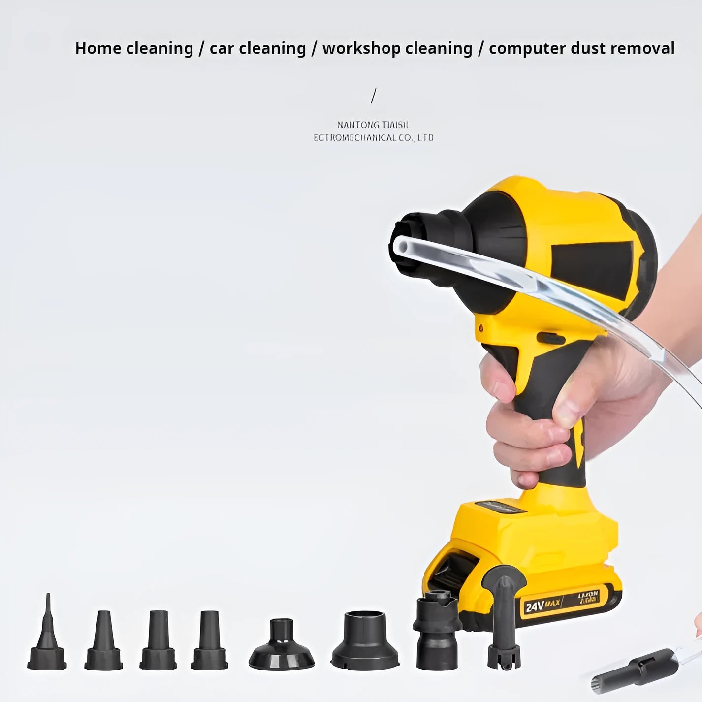 Yellow handheld battery-powered dust gun for workshop and household cleaning tasks