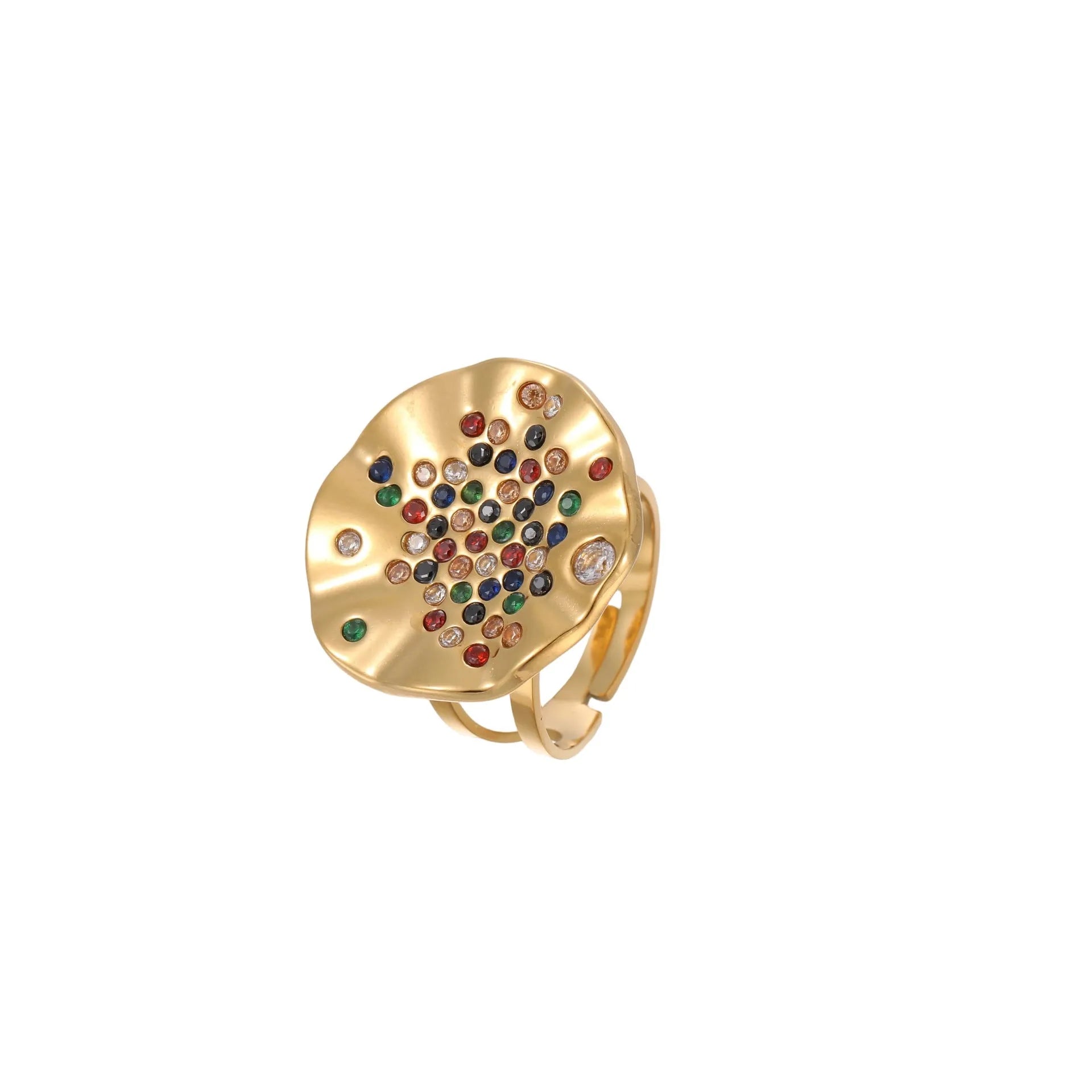 Geometric open-mouth titanium steel ring with pleated inlaid colour diamond detailing