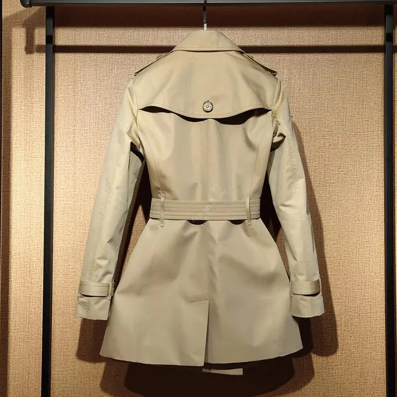Women's khaki polyester trench coat with double-breasted front and flight sleeves