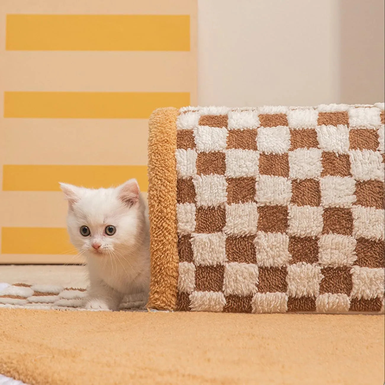 Fan-shaped plaid pet bed with integrated tunnel for dogs and cats in coffee colour, showing soft plush fabric.
