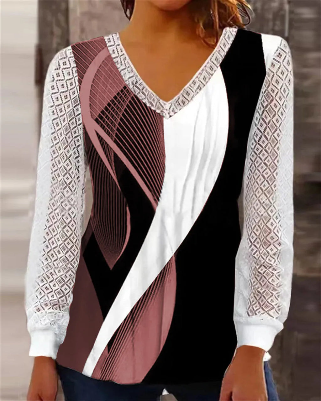 Women's V-neck lace top with hollow-out detailing in trueran polyester fabric