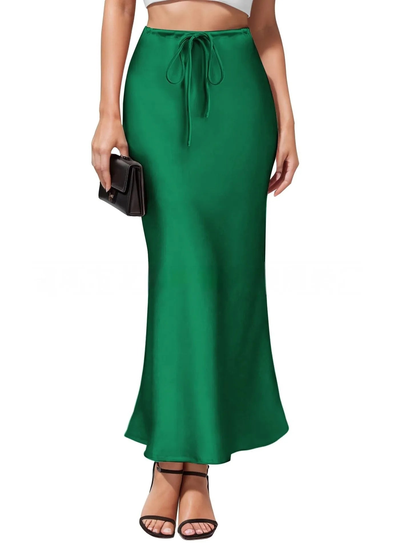 Asymmetric acetate satin skirt with high waist and irregular hemline stitching in six colour options