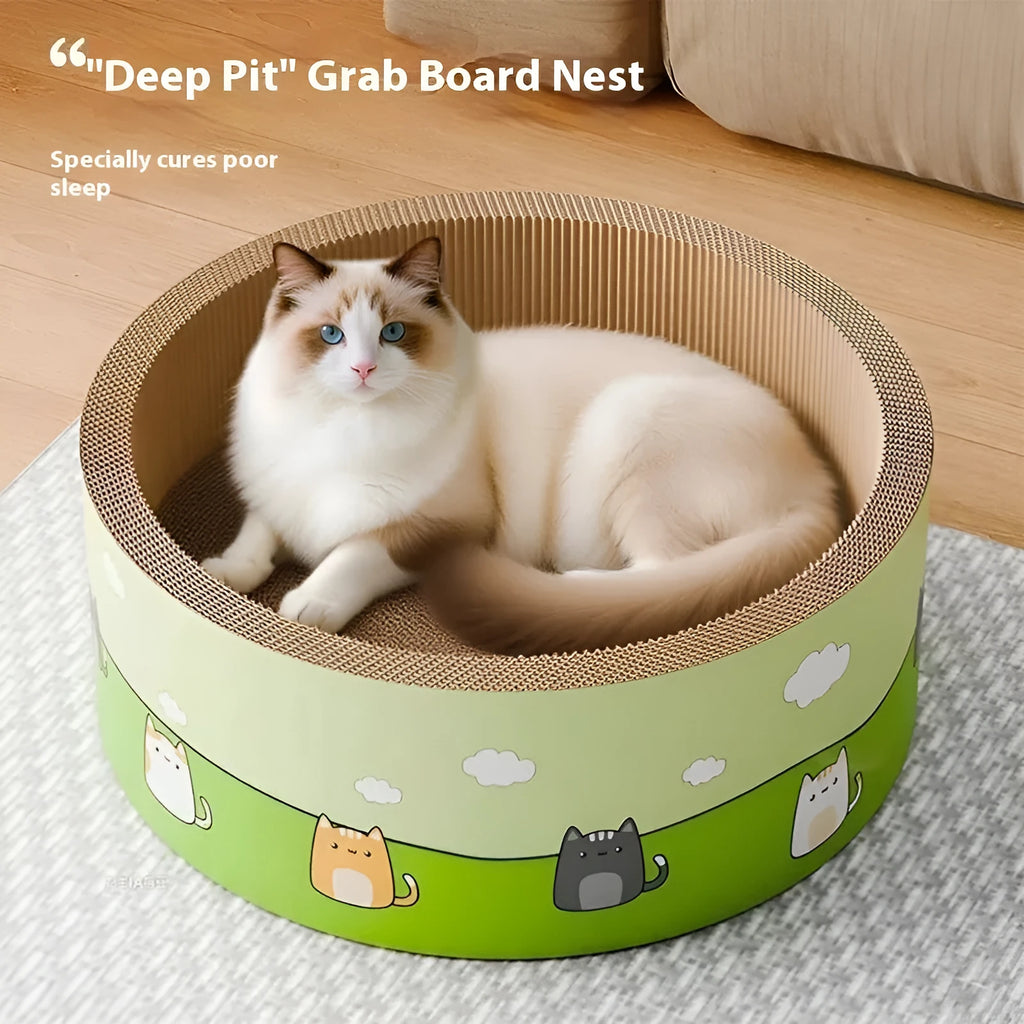 Large round corrugated paper cat scratch board with deepening pit design, shown in 45cm and 50cm sizes.