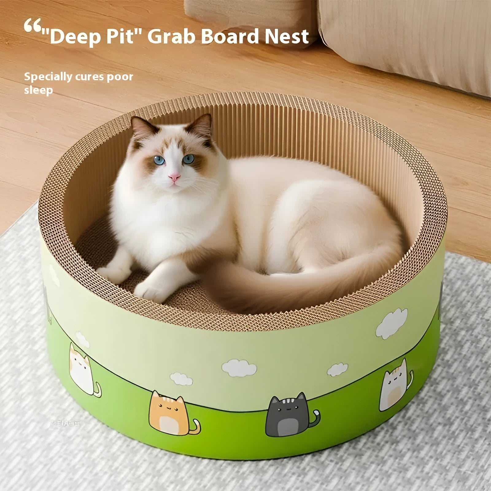 Large round corrugated paper cat scratch board with deepening pit design, shown in 45cm and 50cm sizes.