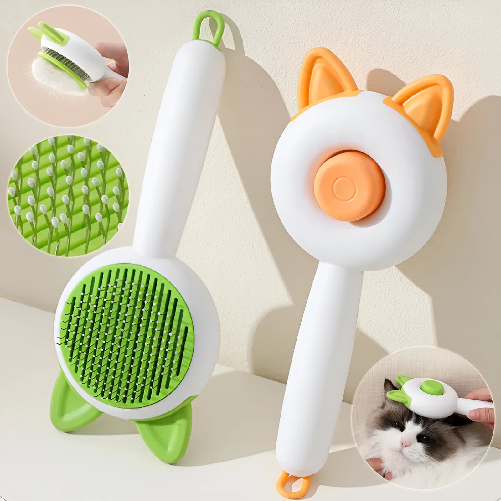 Self-cleaning cat grooming comb with stainless steel teeth and removable brush head in greenish white colour