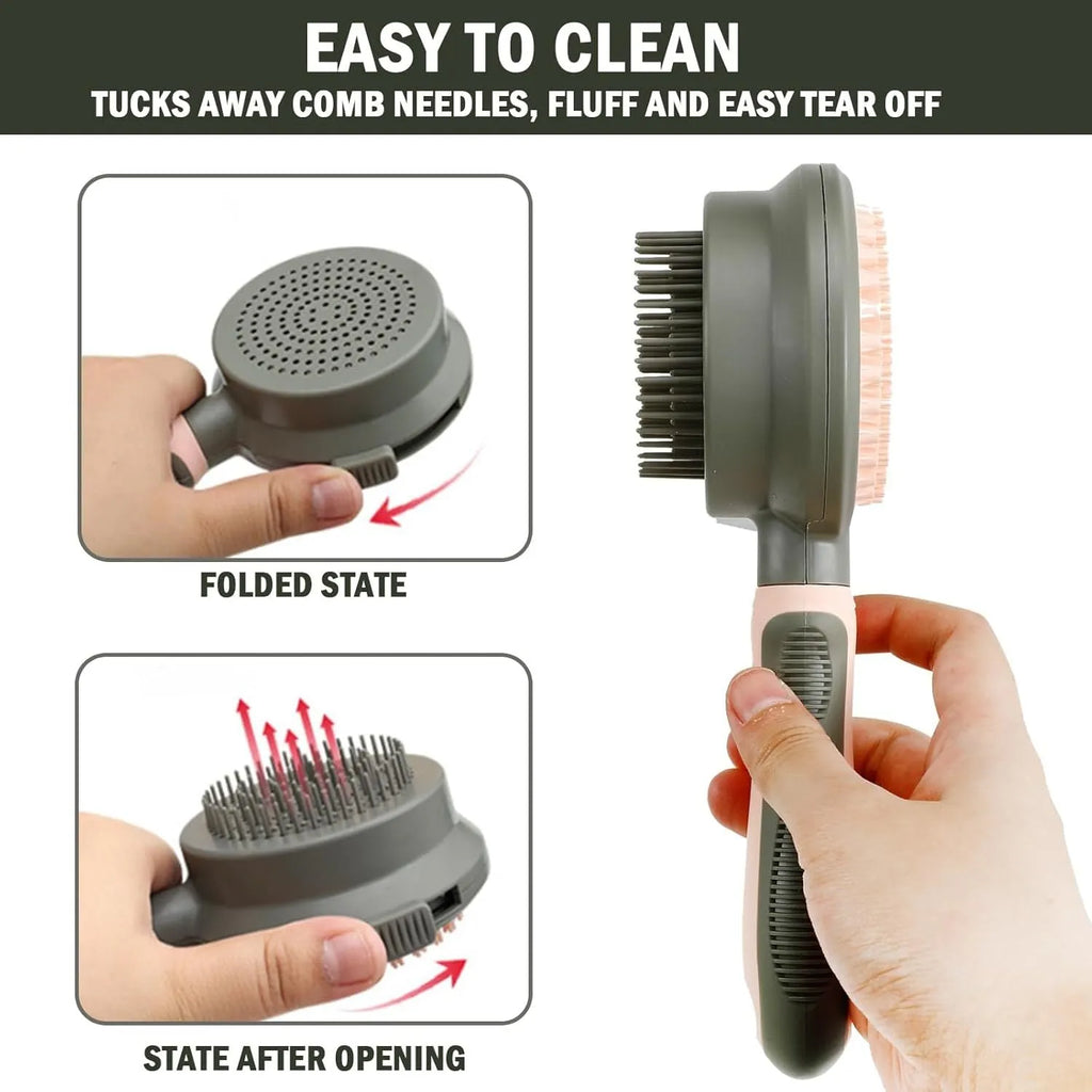 Double-sided pink cat brush with release button and separate flea comb for pet grooming