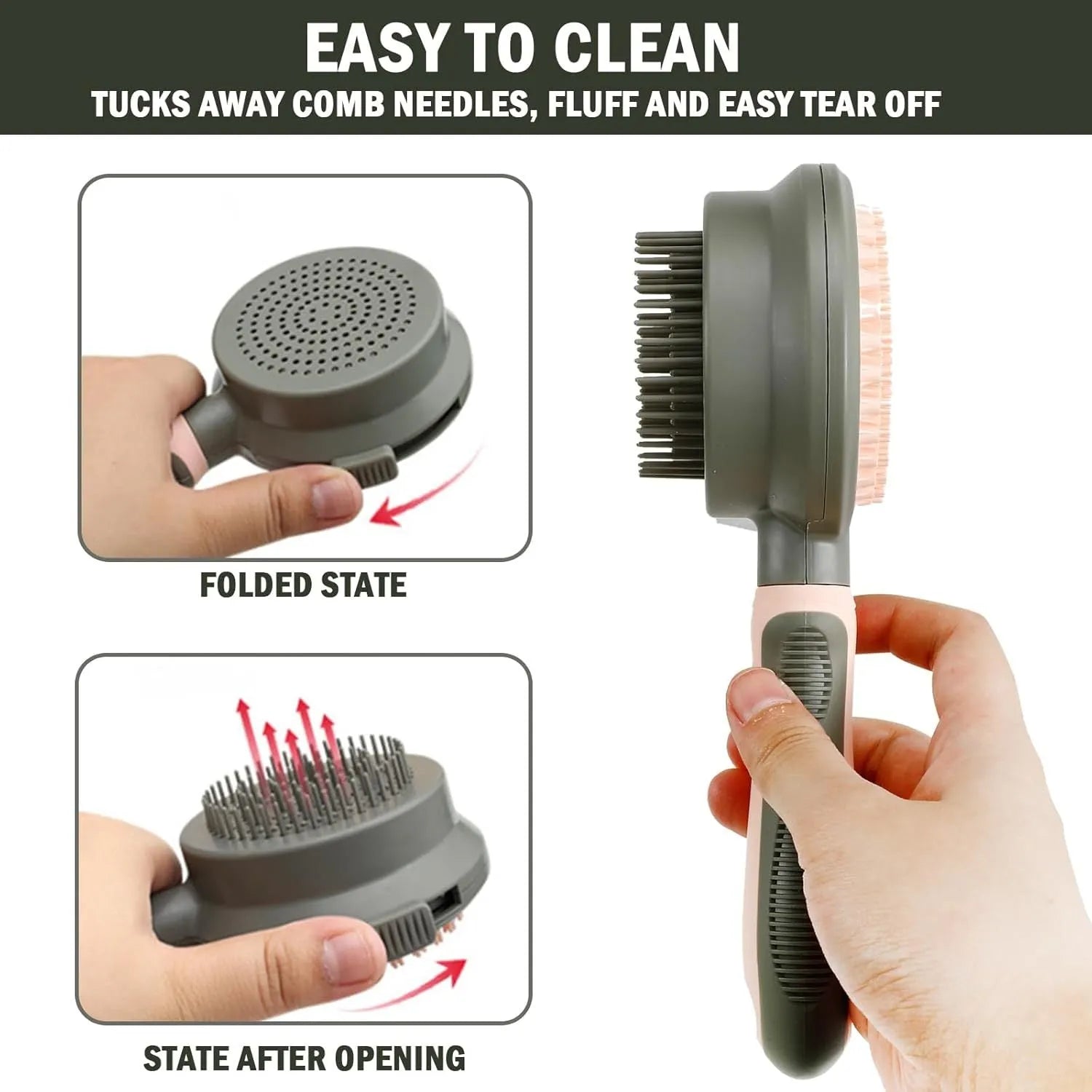 Double-sided pink cat brush with release button and separate flea comb for pet grooming