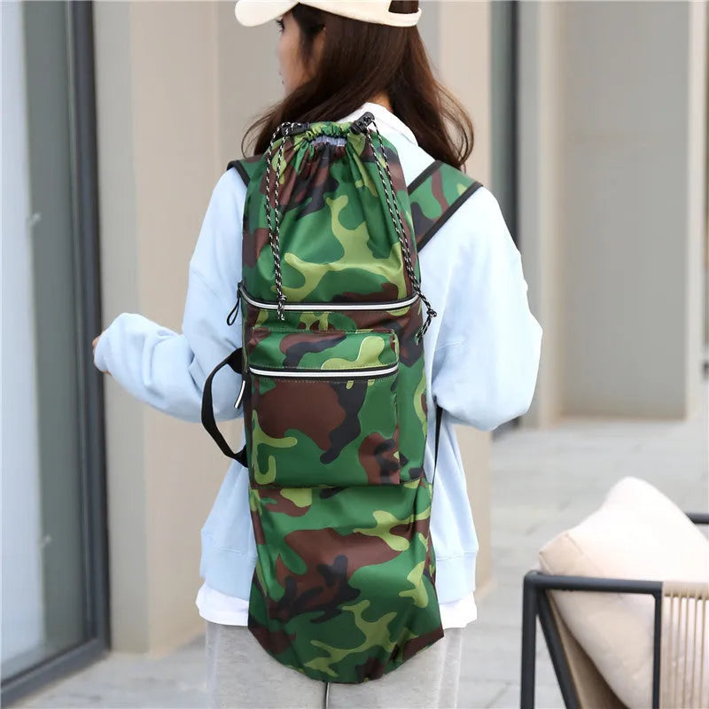 Lightweight waterproof nylon skateboard bag in camouflage colour with skateboard and fishing rod storage