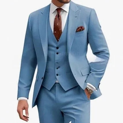 Men's slim fit three-piece suit in a chemical fibre blend, shown in multiple colour options.