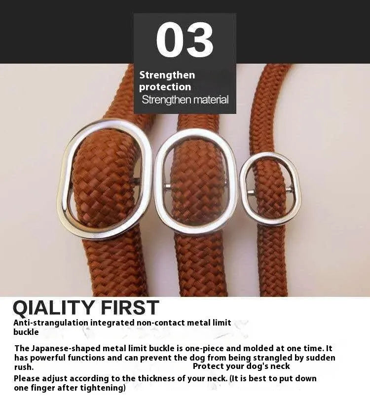 Brown nylon dog leash with 2.1 metre length and dual-thickness rope design