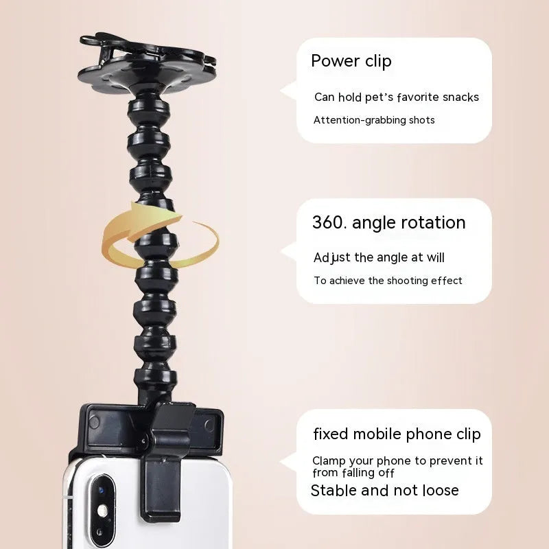 Black pet photography mobile phone holder with snack clip for attracting cat and dog attention during photos