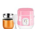 Compact round automatic rice cooker with mechanical controls, non-stick liner, and steam pan for 1-2 people