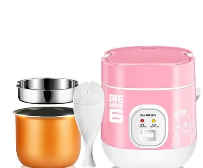 Compact round automatic rice cooker with mechanical controls, non-stick liner, and steam pan for 1-2 people