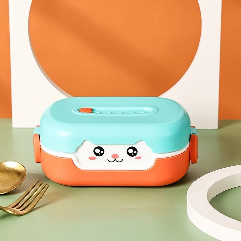 Square plastic divided lunch box showing multiple colour options including dark blue, orange, and pink and green