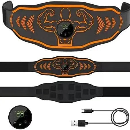 Smart EMS massage belt fitness equipment in orange and blue colour options with rechargeable power