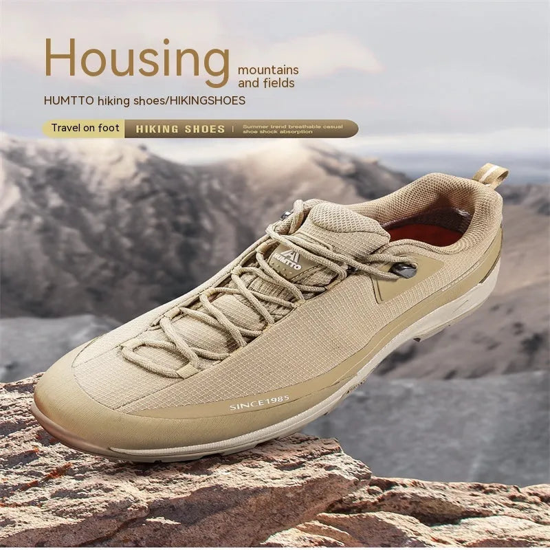 Men's low-top mountain climbing shoes with leather mesh upper and lace-up design