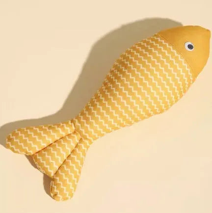 Red, yellow, and blue catnip-filled fish toys in large and medium sizes on a white background.