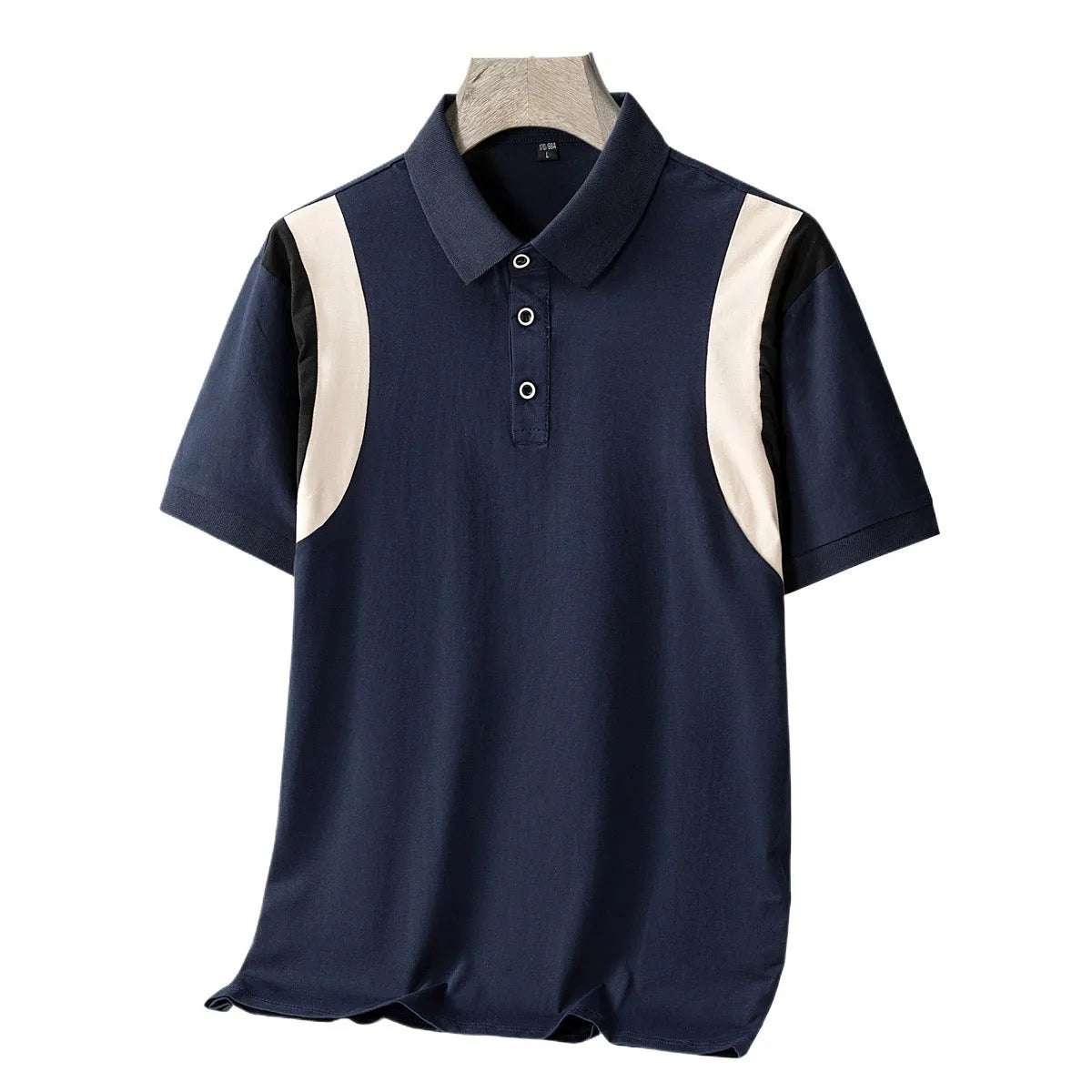 Men's striped cotton short-sleeved T-shirt with business lapel in loose Korean-style fit.