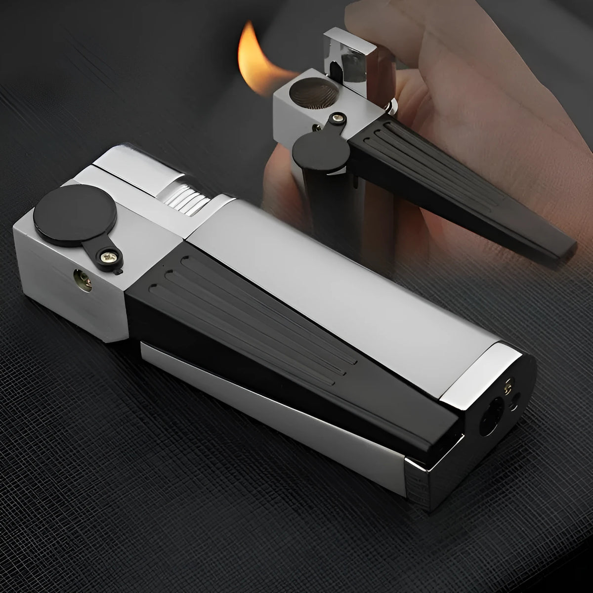Foldable metal pipe lighter showing zinc alloy construction and refillable butane mechanism