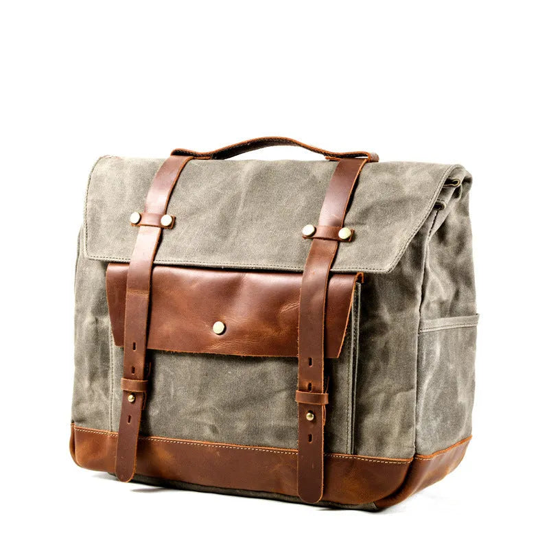 Camel Bag Knight cotton motorcycle helmet messenger bag with rivet details and internal organiser pockets.