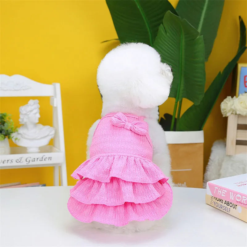 Small dog wearing polyester princess dress with layered skirt in rose red, yellow or water green colour