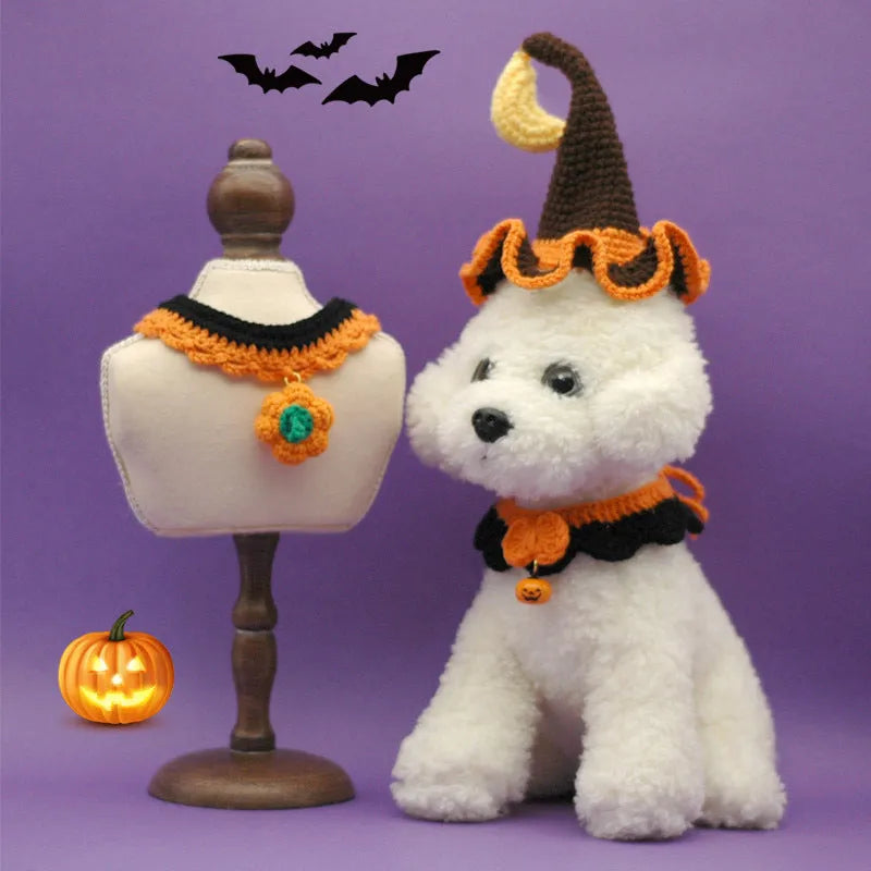 Hand-crocheted wool Halloween pet collar in pumpkin colours with adjustable sizing