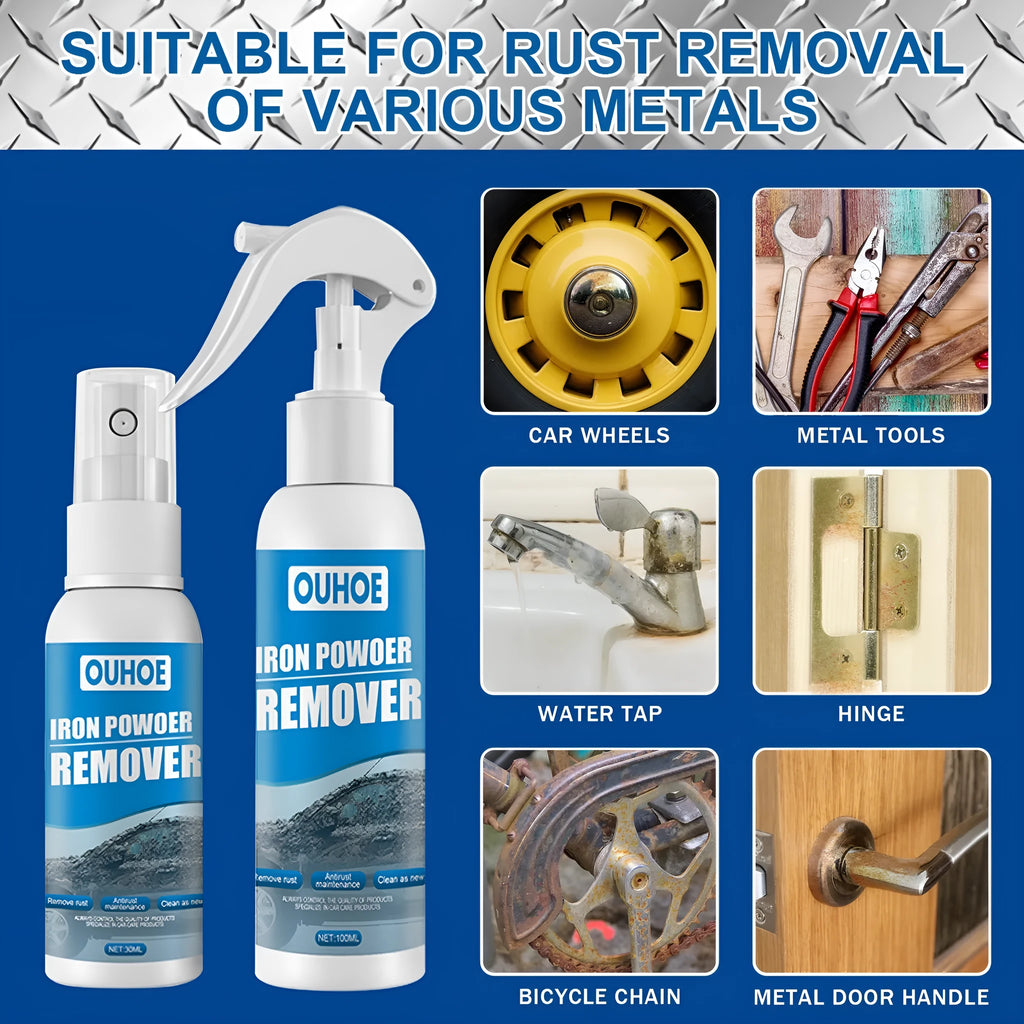 Automotive iron powder rust remover spray bottle with blue square sponge and towel application options.