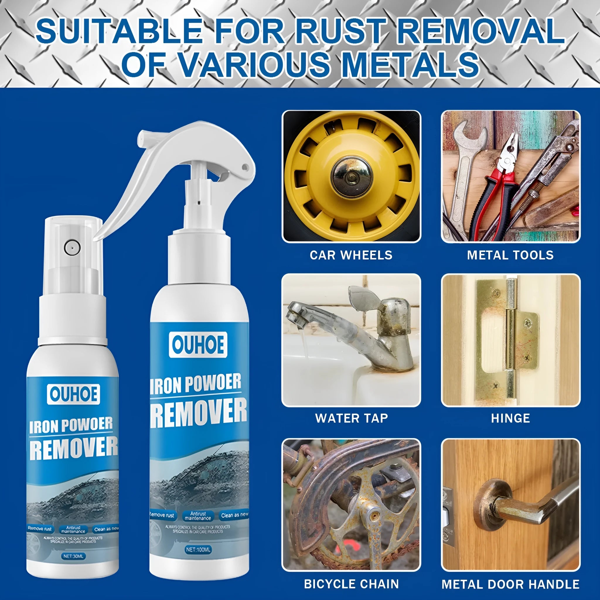Automotive iron powder rust remover spray bottle with blue square sponge and towel application options.