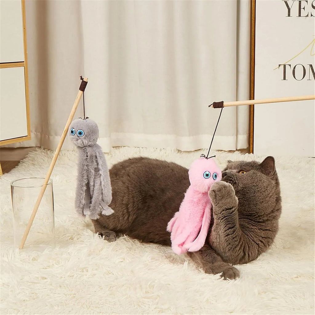 Octopus wand cat toy with moving eyes and flexible wand for indoor kitten play