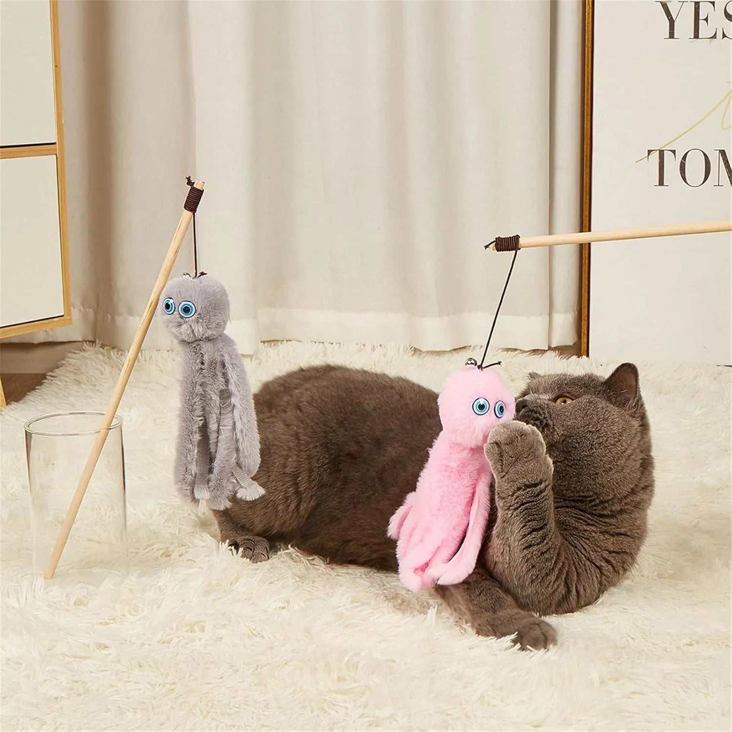 Octopus wand cat toy with moving eyes and flexible wand for indoor kitten play