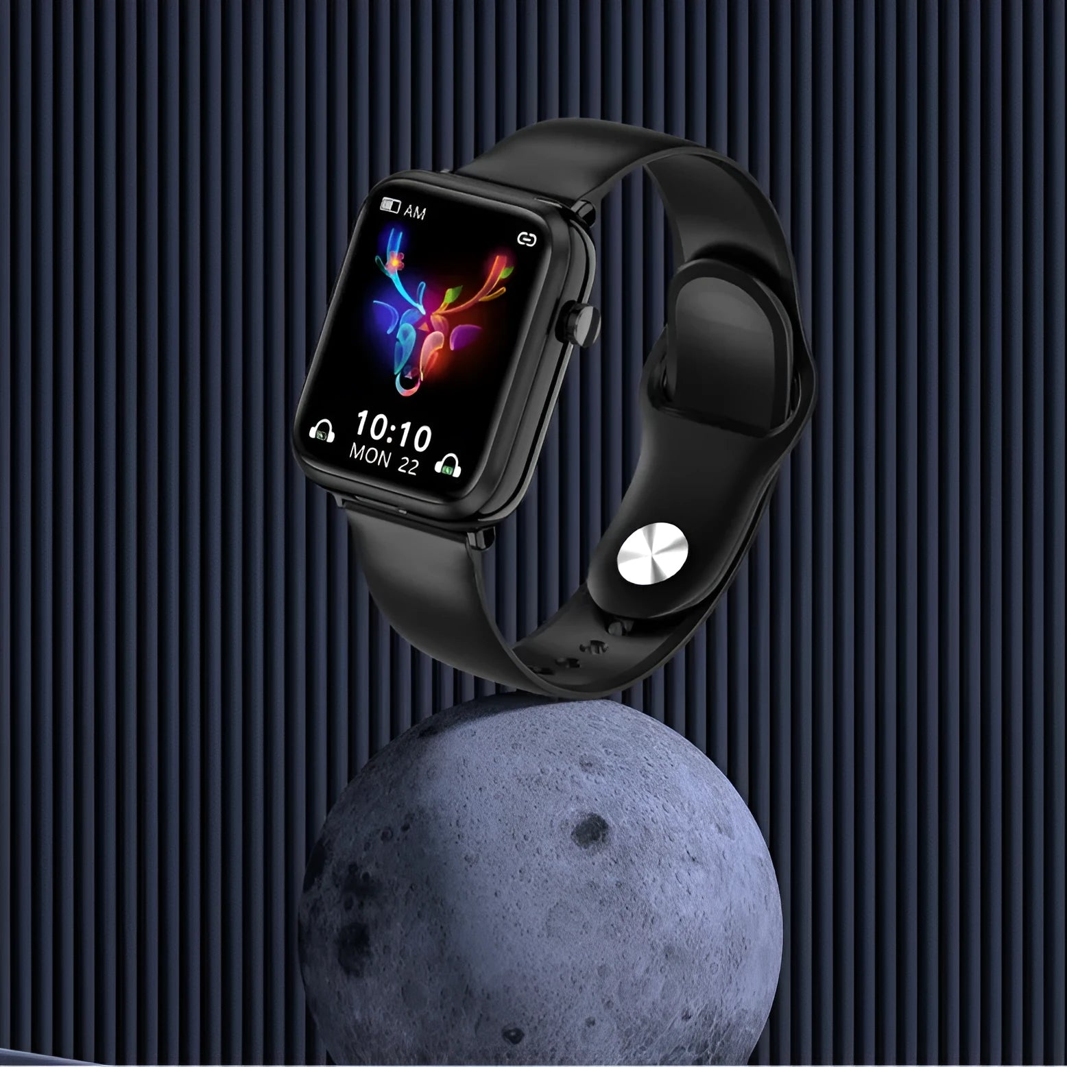 Black zinc alloy smartwatch with 1.69-inch touch screen and magnetic charging case for Bluetooth earbuds.