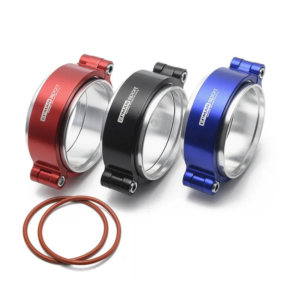 Aluminium fixed movement clamp for car turbine exhaust downspout in black, blue, or red.
