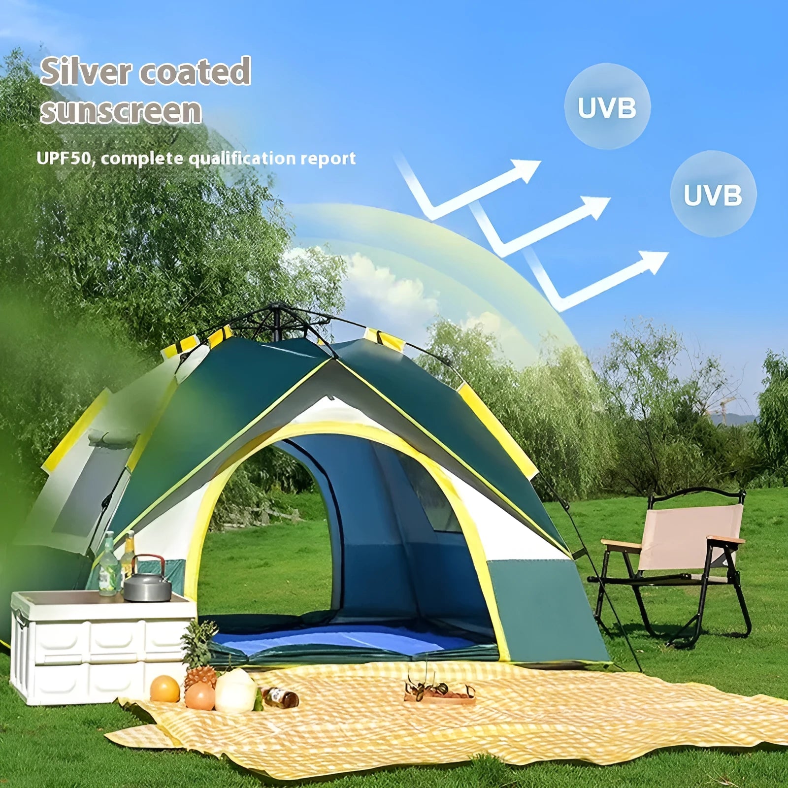 Dark green silver glue automatic camping tent for 3-4 people with fibre glass poles and storage bag