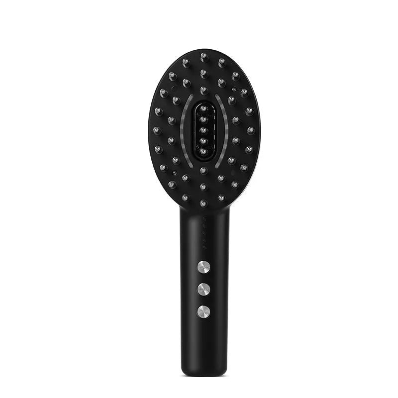 Black rechargeable scalp massager device with vibration function, shown with charging cable.