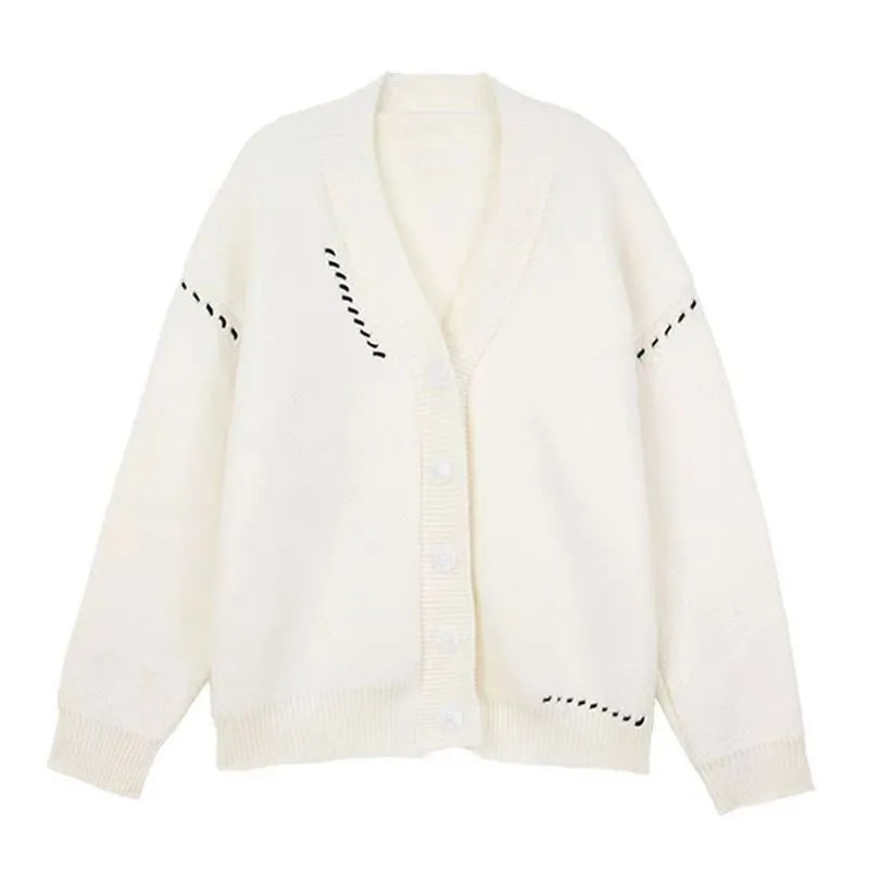 Women's loose fit knitted cardigan coat in black polyester fabric with long sleeves
