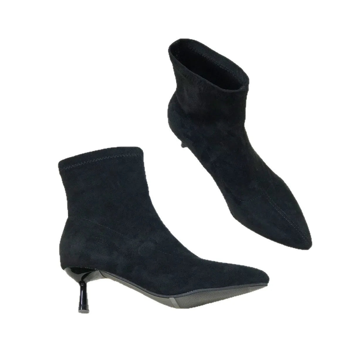 Black pointed toe stiletto heel ankle boots with microfiber upper and mid-calf length