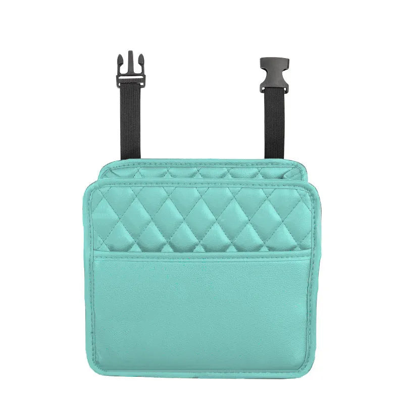 Leather car hanging storage bag organiser measuring 25x25x8cm in black, pink, green, or white