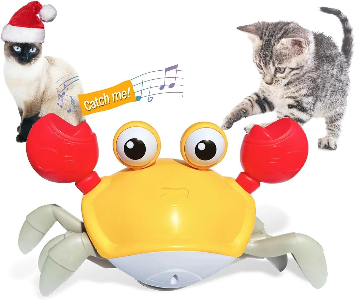 Blue crawling crab dog toy with obstacle avoidance sensors and LED lights on hardwood floor