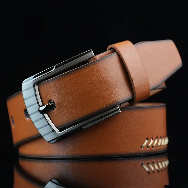 Men's casual pin buckle belt in black, brown or white colours showing threading pattern and alloy buckle