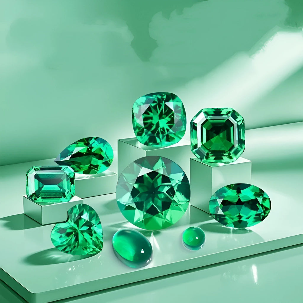 A selection of polished cultivated emerald gemstones in round, heart, and princess cuts on a white background.