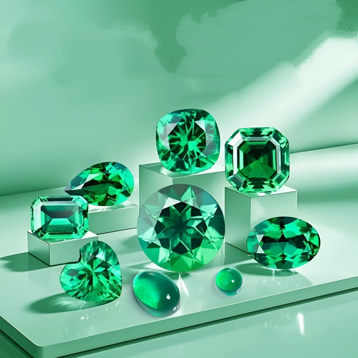 A selection of polished cultivated emerald gemstones in round, heart, and princess cuts on a white background.