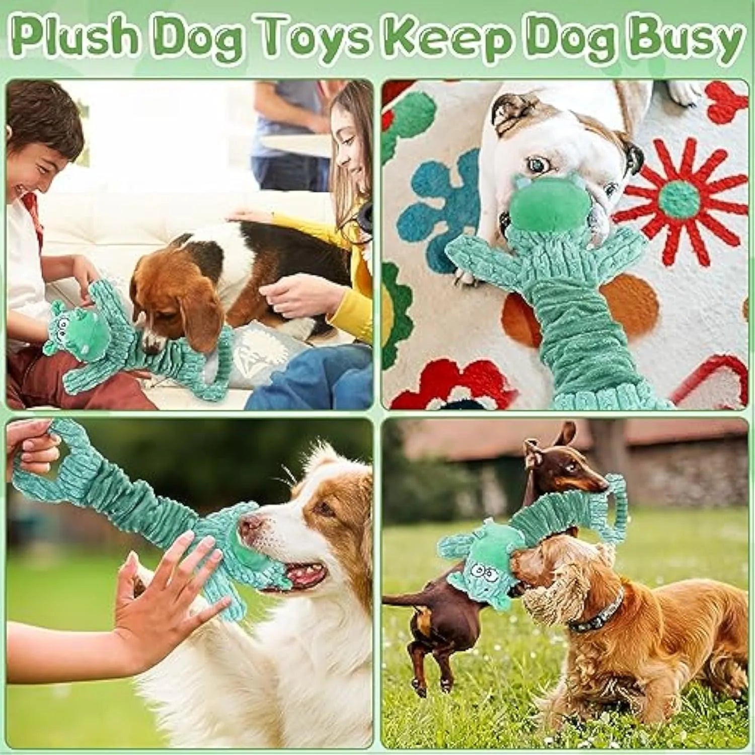Large plush squeaky dog toy with a handle for tug of war, shown in a hippo design.