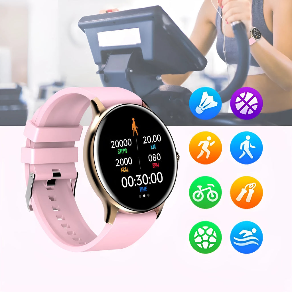 Black smart sports watch with blood pressure monitoring on a wrist, showing a 1.28-inch touch screen display.
