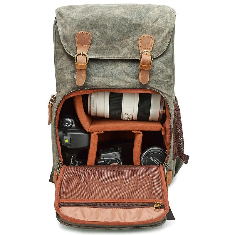 Canvas DSLR camera backpack in khaki colour showing organised storage compartments