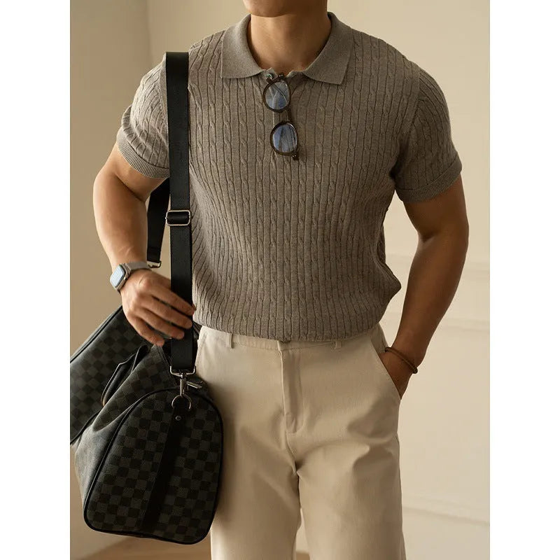 Men's khaki short sleeve business commute top with polyester blend fabric