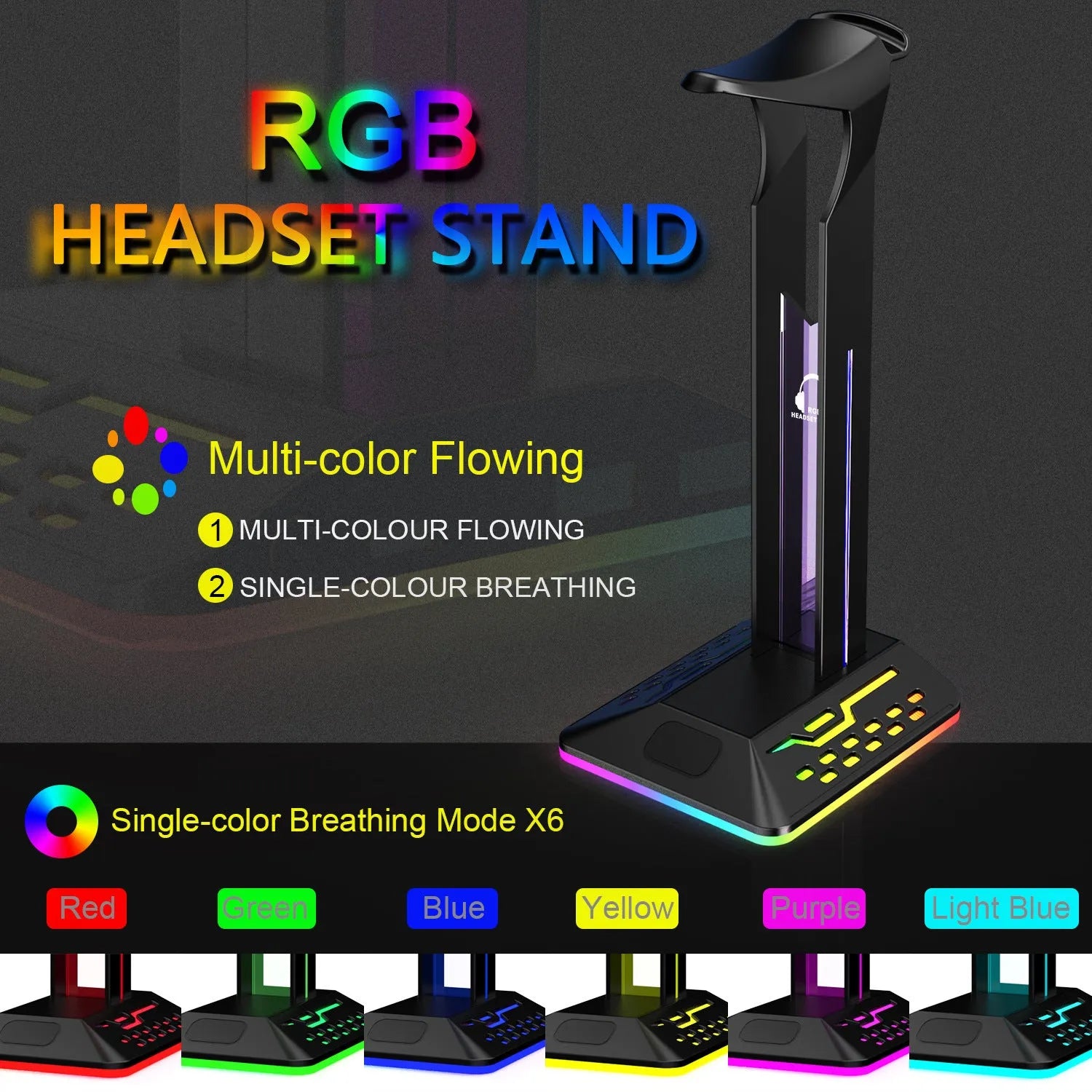 RGB colour changing headphone stand with dual USB hub showing black acrylic variant
